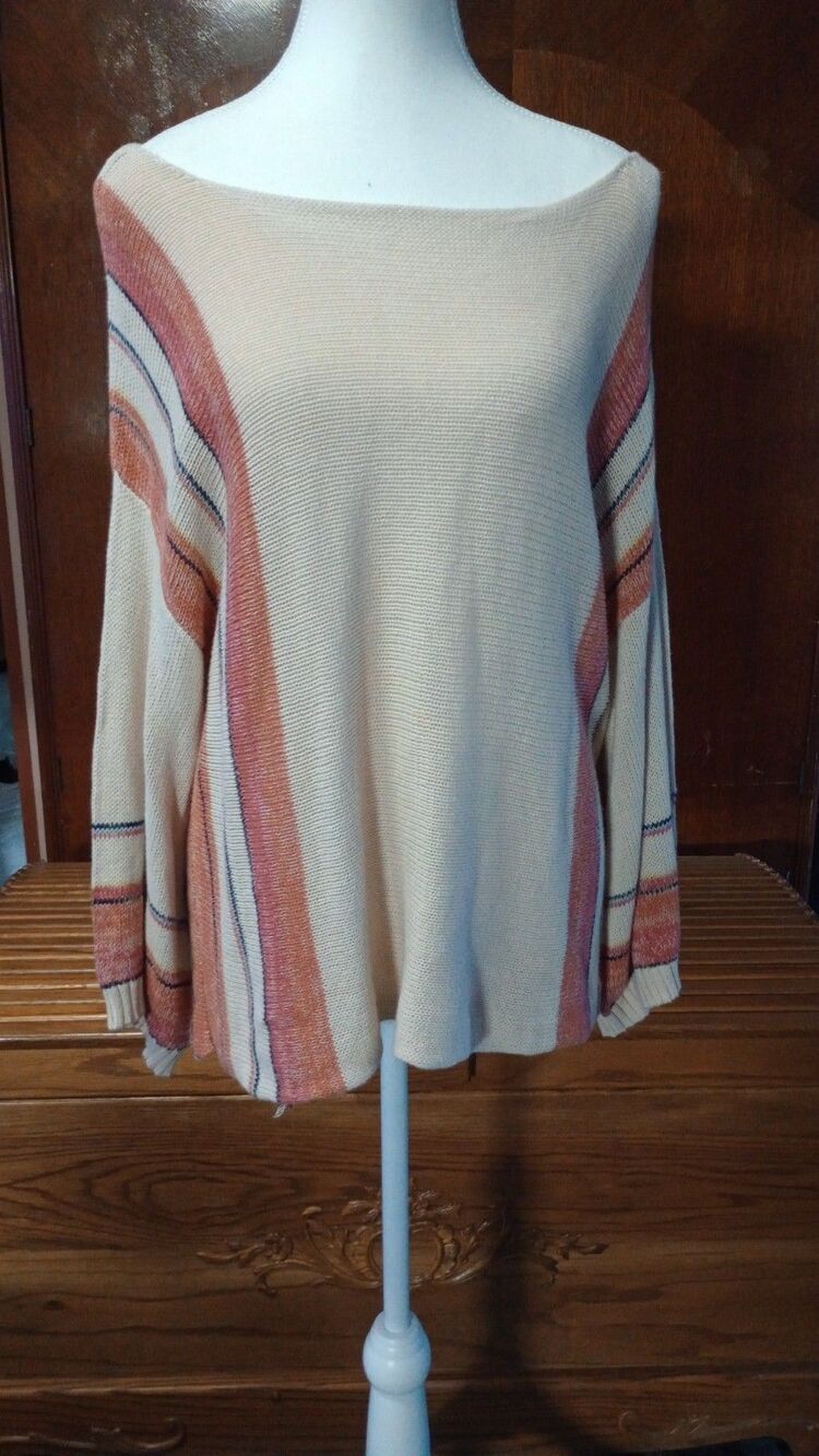 By Together Womens Knit Pullover Sweater M Beige Rust Blue Striped Boat Neck